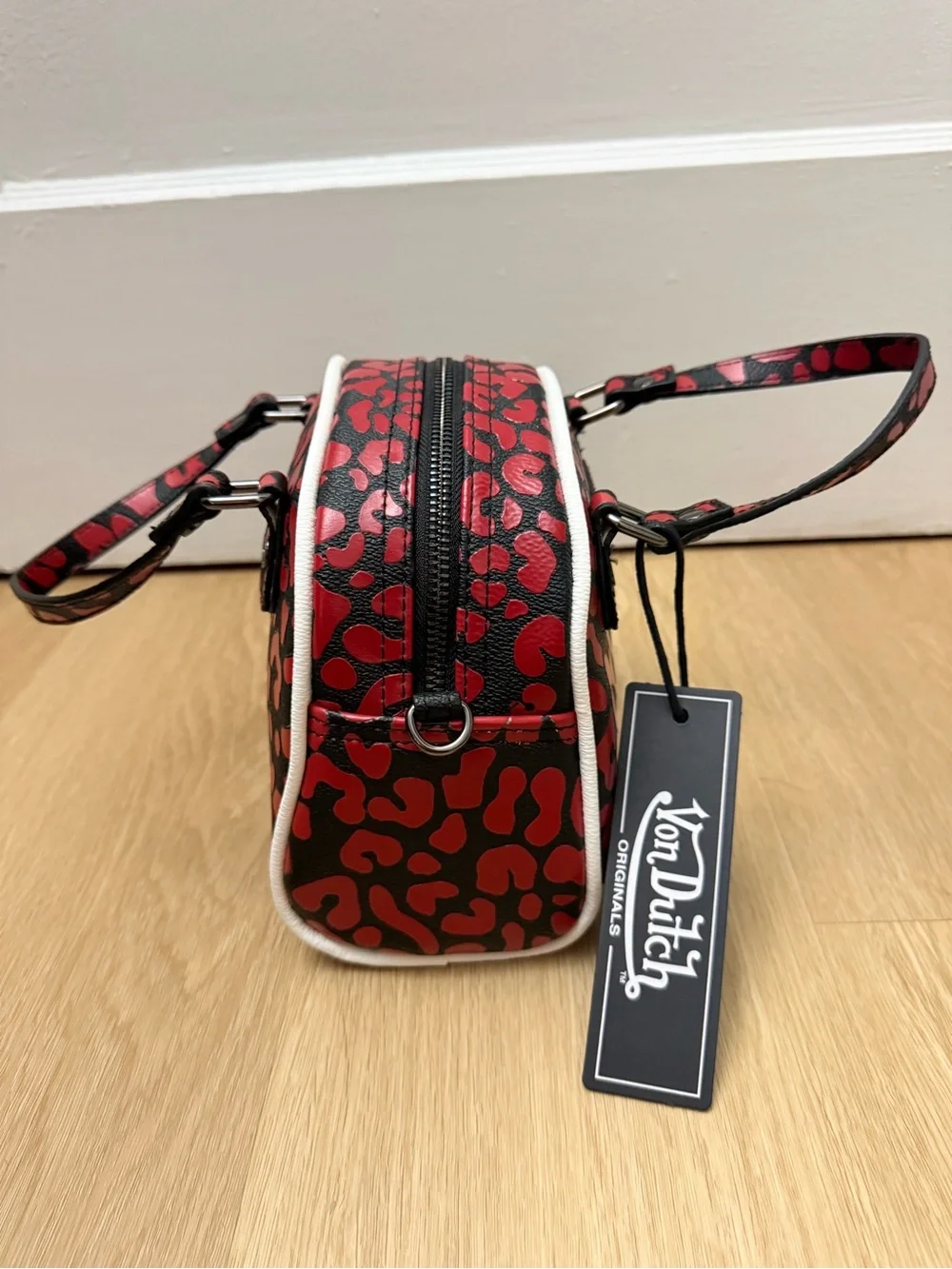 Von Dutch Red and Black Leopard Print Crossbody Satchel